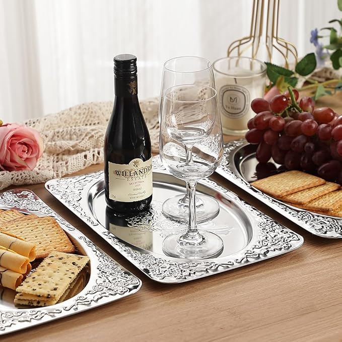 4-Pack Silver Serving Trays Set - ZENOVLUX Vintage Floral Engraved Mirror Decorative Tray, 13.8" x 8.7" Party Platters for Valentine's Day, Food, Appetizer, Charcuterie, Cookies, Desserts