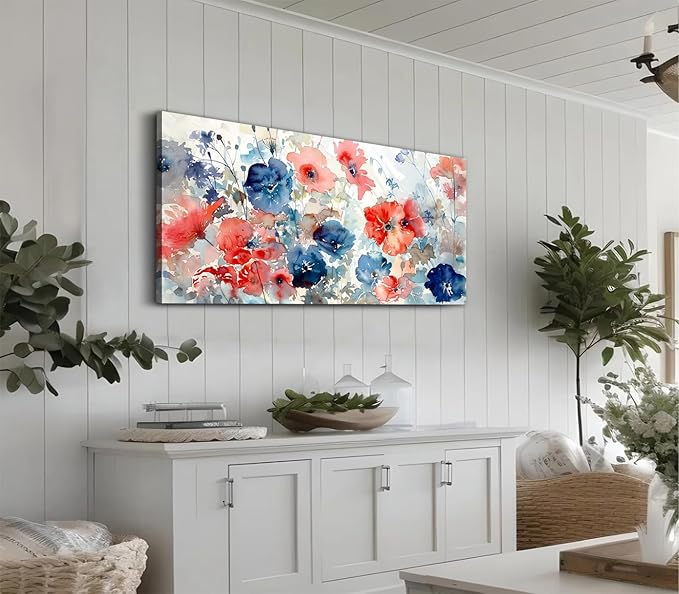 ADJUVANT Wall Art Watercolor Vibrant Floral 40"L x 20"W, Colorful Poppies With Soft Hues Canvas Painting Lively Blooms Artwork Delicate Tones Prints Wall Decor for Living Room Bedroom Bathroom Home Office