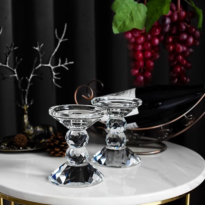 2-Pack Crystal Candle Holders, Clear Crystal Taper or Pillar Candlesticks, Table Centerpiece Home Decor for Wedding, Dining, Party(4.9in Tall)