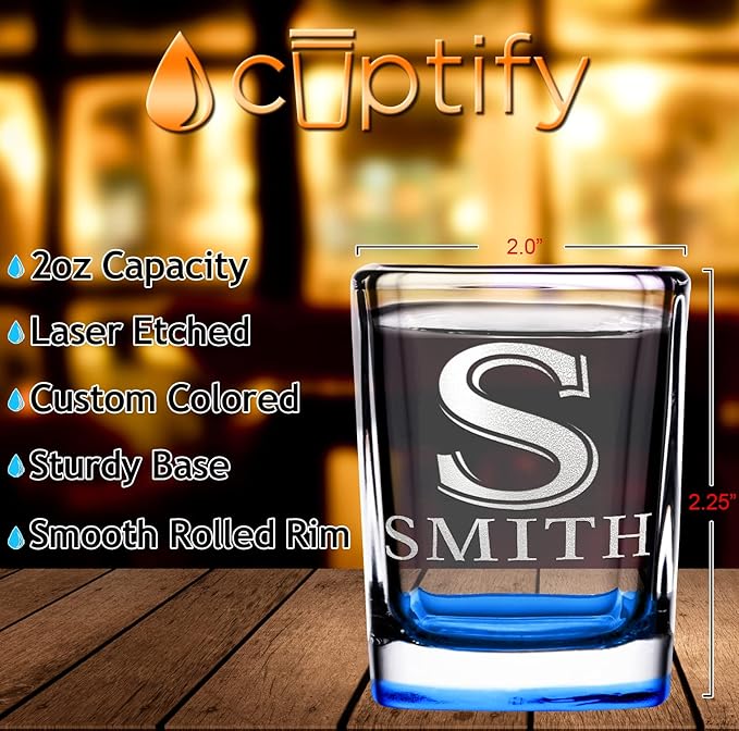 Personalized Shot Glasses Set of 6 Initial and Name 2oz Blue Bottom Etched Square Shot Glass Engraved with Custom Text Birthday Gift for Men and Women