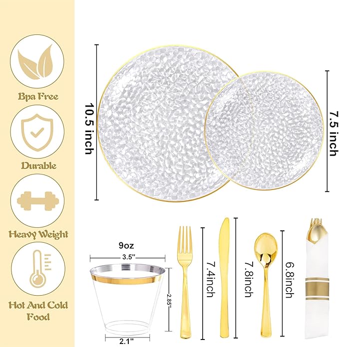 Rubtlamp 700Pcs Gold Plastic Dinnerware Set, Hammered Clear Gold Plates, Fancy Plastic Plates Include 100 Dinner Platos,100 Salad Platos,100 Cups,100 Pack Pre Rolled gold plastic Silverware