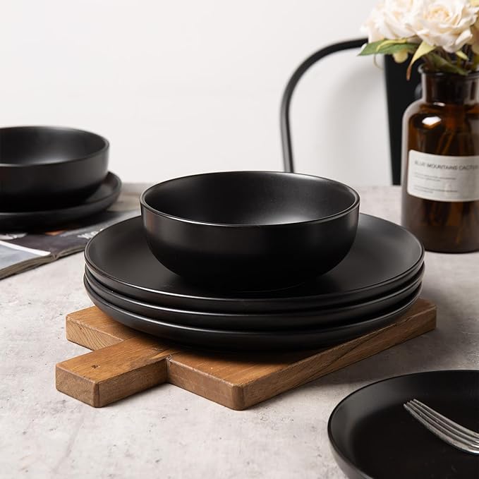 12-Piece Stoneware Dinnerware Set with Mugs | Microwave and Dishwasher Friendly | Stackable Matte Glaze Plates & Bowls | Service for 3 (Black for 3)