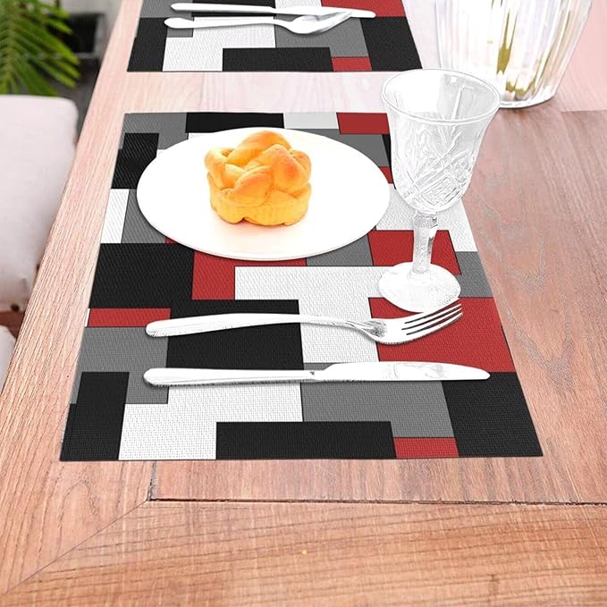 Red Black Grey White Placemats Set of 4 Abstract Modern Art Geometric Wipeable Table Mats Reusable Washable PVC Rectangle Place Mats for Kitchen Dining Home Decor 12x18 Inches