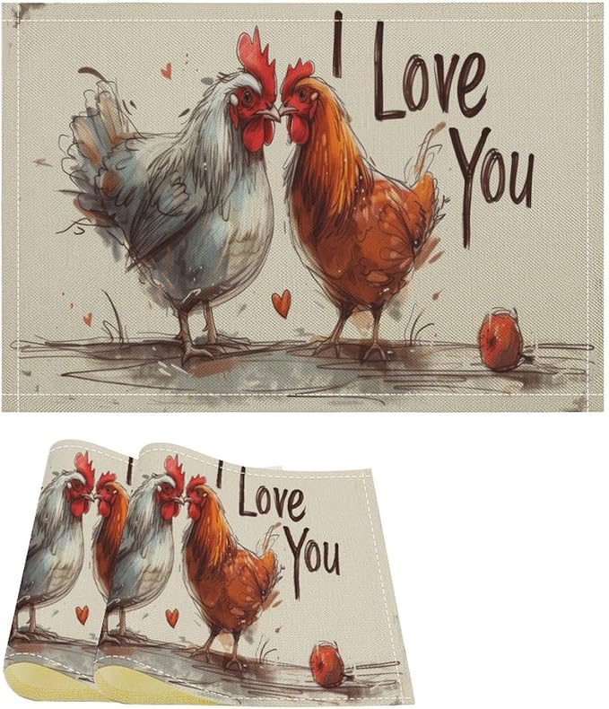 Rural Rooster Placemat Set, Vintage Farmhouse Funny Colorful Hand Drawn Watercolor Line Sketch Chicken Pattern Home Decor Linen Table Mats for Dining Room Kitchen Party (17x12in) x2P