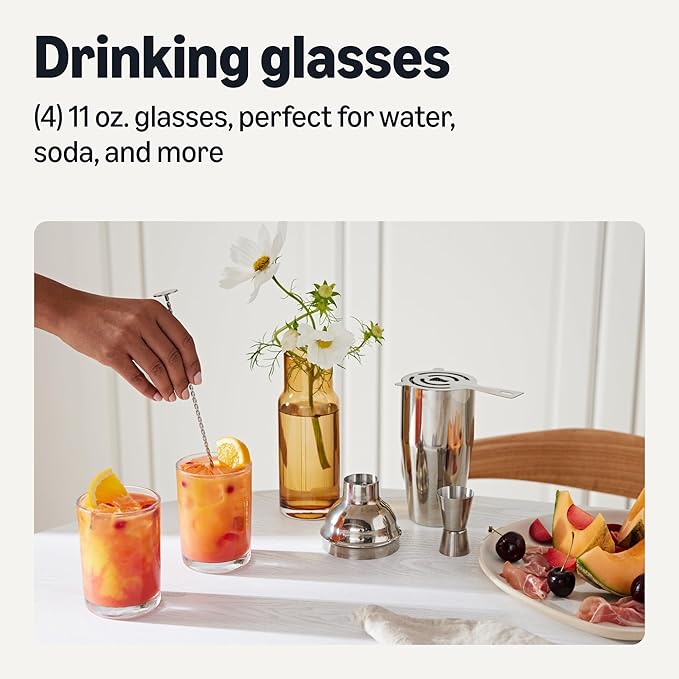 Amazon Basics Drinking Glasses, 4-Piece Set, 11 oz., Dishwasher-Safe