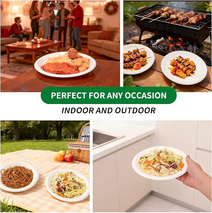 Aricsen 100 Pack 9 Inch Compostable Disposable Round Paper Plates, Natural White Biodegradable Sugarcane Bagasse PFAS-Free Eco-Friendly Dinner Plates for Party Wedding Picnic BBQ (100, 9 INCH)