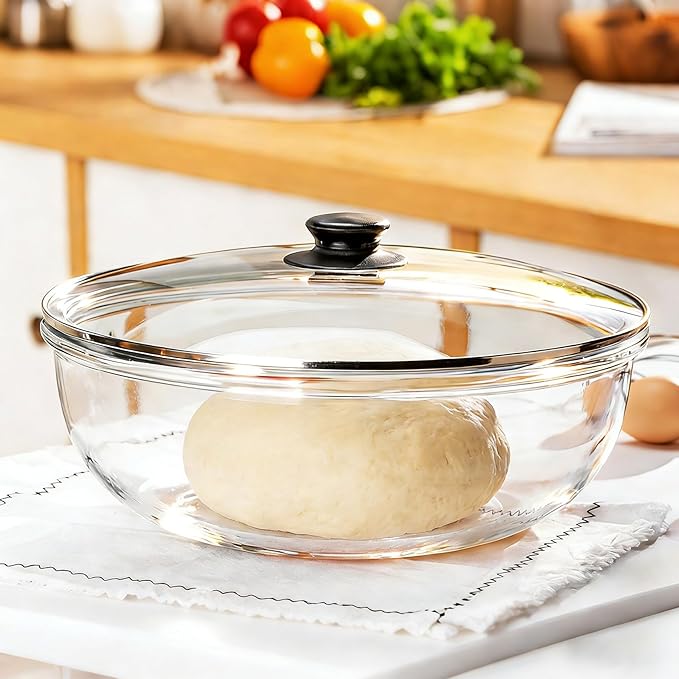 6QT Large Glass Mixing Bowl With Lid Extra Large Clear Glass SaladCooking Bowl for Bread Making Food Prep Baking & Storage Multi-Use Set Sourdough Salad