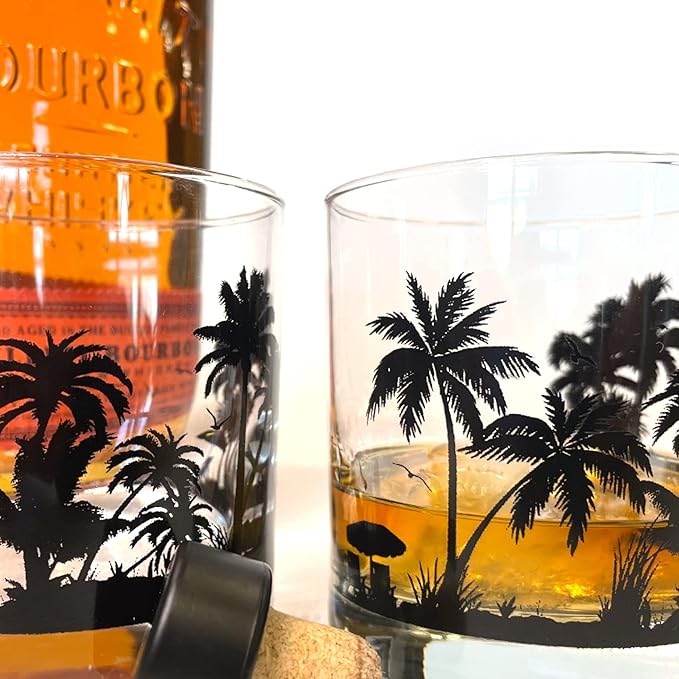 Black Lantern Beach Landscape Whiskey Glass Set Set of 2 Old Fashioned 11oz Tumblers | Heavy Base Cocktail Glasses with Gift Box