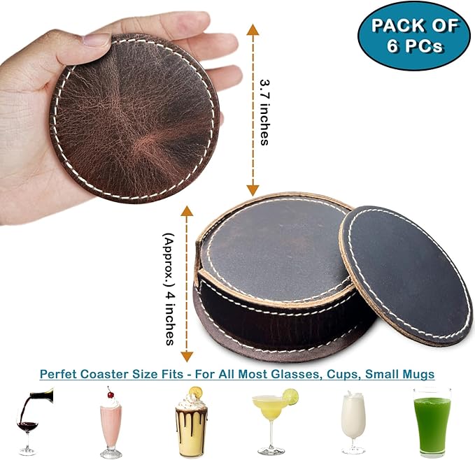 Leather Coasters for Drinks - Cup Coaster Coffee Table Kitchen Table Bar - Set of 6 with Holder for Table Top Protection - Luxurious Home Decor & Housewarming Gift