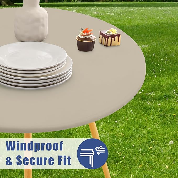 Round Spandex Tablecloth, Elastic Fitted Waterproof Tablecloths for 36"-44" Tables, Stretch Washable Picnic Table Cover for Camping, Dining, Indoor and Outdoor, Taupe