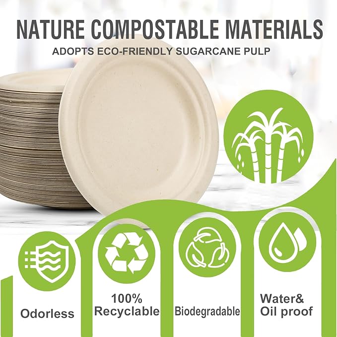 Disposable Plates 100% Compostable Heavy Duty - 9 Inch paper plates bulk for Party, Dinner, Cake, Dessert, Snacks Eco-Friendly Brown
