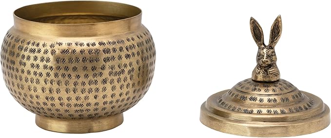 Round Hammered Metal Container with Rabbit Finial, Brass Finish