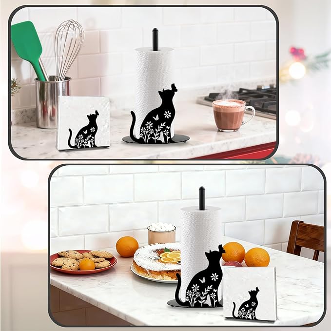 Cat Paper Towel Holder, Black Cat Countertop Kitchen Decor Indoor with Round Base, Cats Lover Gifts, Iron Kitty Napkin Holder Stand Accessories for Bathroom Kitchen Dining, 2 PCS