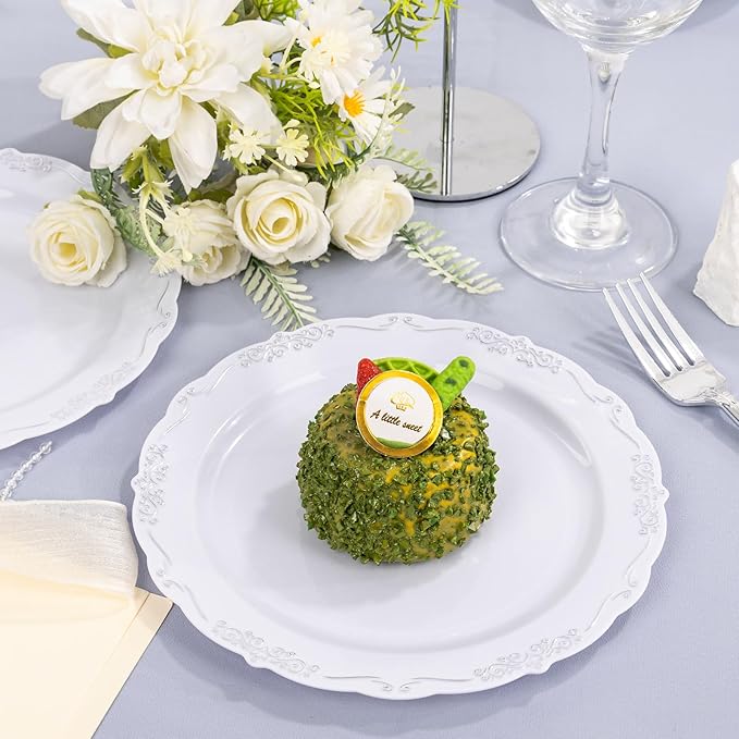 DaYammi 60PCS White and Silver Plastic Plates, Heavy Duty White and Silver Disposable Plates Premium 7.5inch White Dessert Cake Salad Appetizer Platos Hard Plastic Platos Disposable for Party Wedding