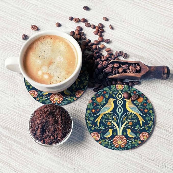 Vintage Flowers and Birds Cup Coasters Set of 2 Colorful Symmetry Pattern Tribal Floral Foliage Paisley Wooden Table Apartment Decor 100% Diatomite for Drinking Glasses,4 Inches