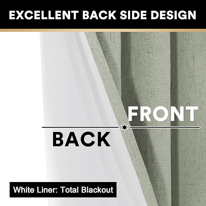 PrinceDeco 100% Blackout Curtains for Bedroom Linen Black Out Curtains for Living Room 96 Inch Long Faux Linen Fabric Grommet Thermal Curtains for Summer Heat with White Liner,52X96 Inch,Sage