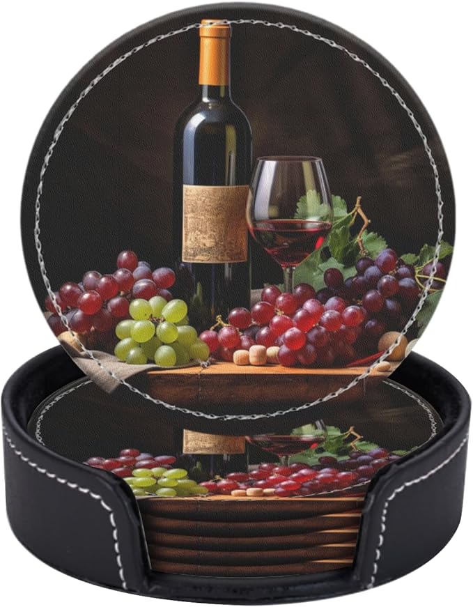 Coasters for Drinks PU Leather,Set of 6 with Holder,Round Housewarming Gift Home Decor,Red Wine and Grapes