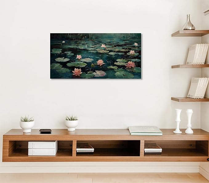 ADJUVANT Wall Art Impressionist Water Lily Pond 48" L x 24" W, Pink Lotus Flowers on Dark Blue Water Canvas Painting Nature Artwork Prints Wall Decor for Living Room Bedroom Bathroom Home Office