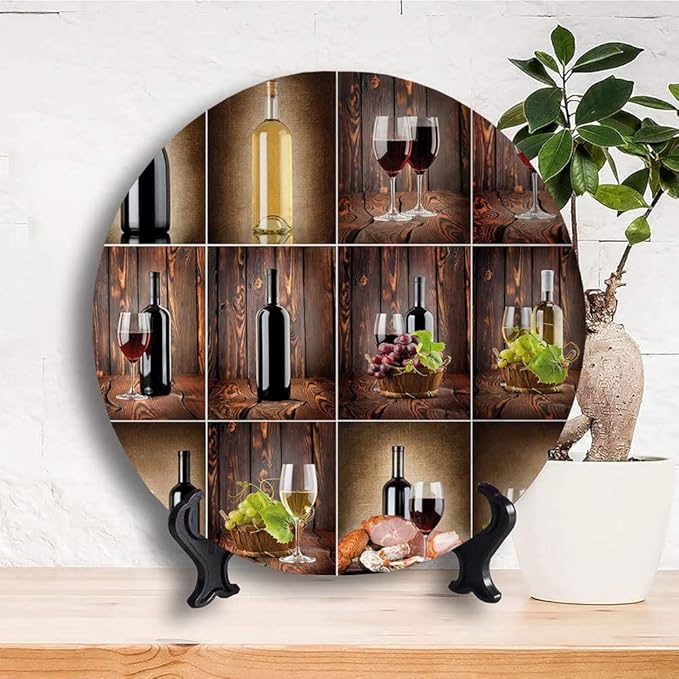 Decorative Plates, Wine Print Ornament, Wine Themed Collage on Wooden Backdrop with Grapes and, 8 Inch, 1 Plate with 1 Display Stand, Brown Black Red