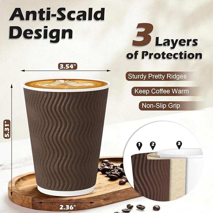 500 Pack 12 oz Coffee Cups, Disposable Corrugated Insulated Ripple Wall Paper Coffee Cups 12oz for Hot or Cold Drinks Office Home Cafe Party Travel (Brown)
