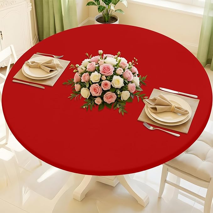 Round Spandex Tablecloth, Elastic Fitted Waterproof Tablecloths for 31"-35" Tables, Stretch Washable Picnic Table Cover for Camping, Dining, Indoor and Outdoor, Red