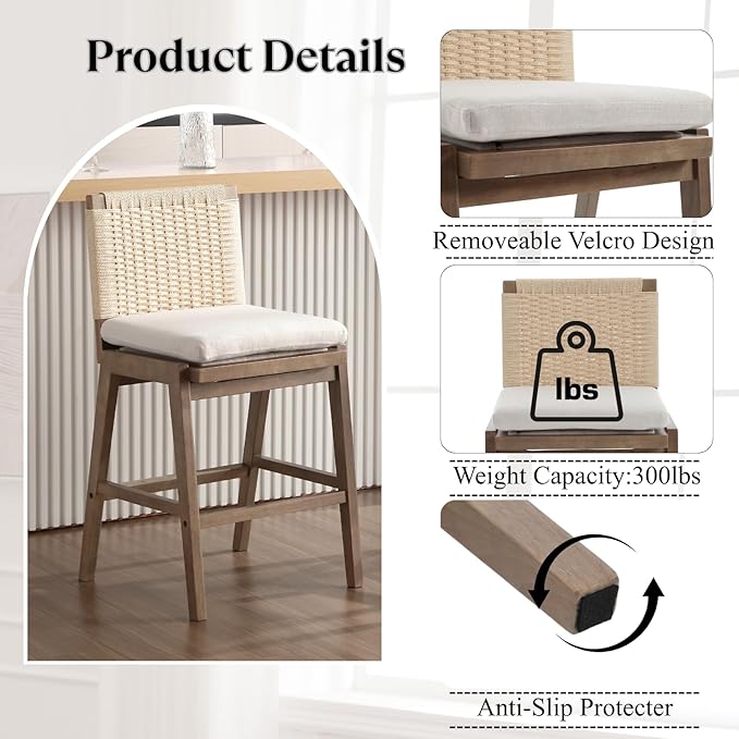 Counter Height Bar Stools Set of 2, 27” Linen Fabric Upholstered Counter Stools with Back, Modern Woven Barstools Mid Century Farmhouse Wooden Bar Chairs for Kitchen Island Dining Room, Beige