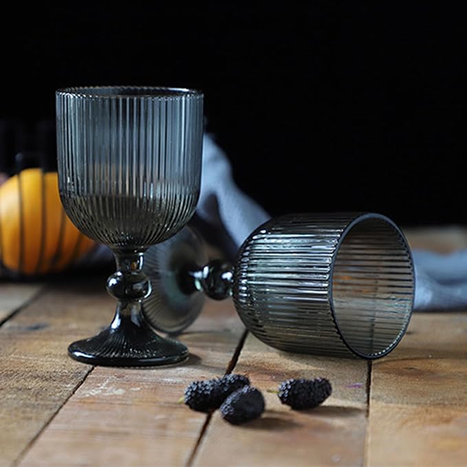 Water Goblets set of 6 Vintage Glassware 13 oz Colored Wine Glass Drinking Glass Vertical Line Embossed Pattern Stemmed Cups for Wedding Party Bar Grey