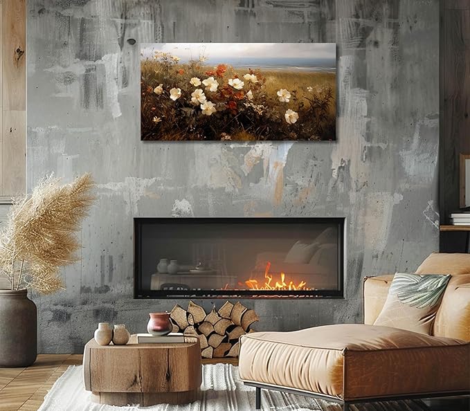 ADJUVANT Wall Art Vintage Coastal Wildflower Field 48"L x 24"W, Seaside Meadow With White And Orange Blooms Canvas Painting Nature Artwork Retro Floral Prints Botanic Wall Decor for Living Room Bedroom