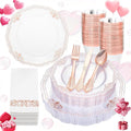Ciaell 175 PCS Rose and Gold Plastic Plates - Fancy Rose Gold Disposable Dinnerware Set with of 50 Plates, 25 Knives, 25 Forks, 25 Spoons, 25 Cups, 25 Napkins for Wedding & Party