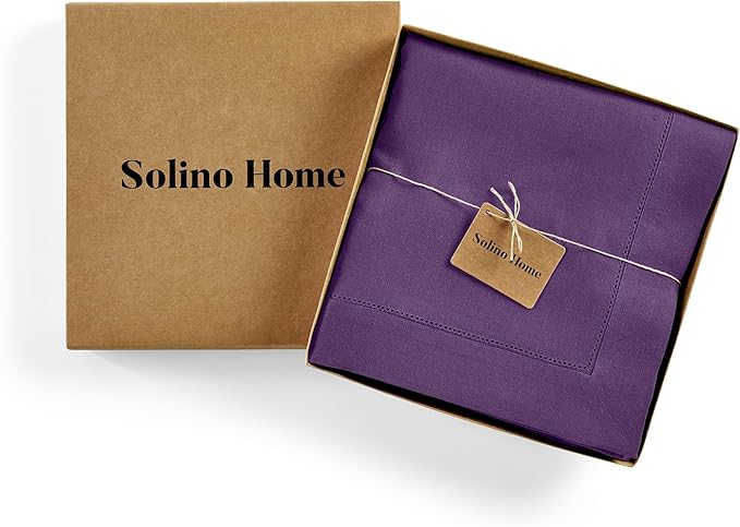 Solino Home Linen Tablecloth for Rectangle Tables 60 x 90 Inch - Classic Hemstitch 100% Pure Linen Purple Table Cloth - Machine Washable Cloth Tablecloth for Valentines, Spring, Easter