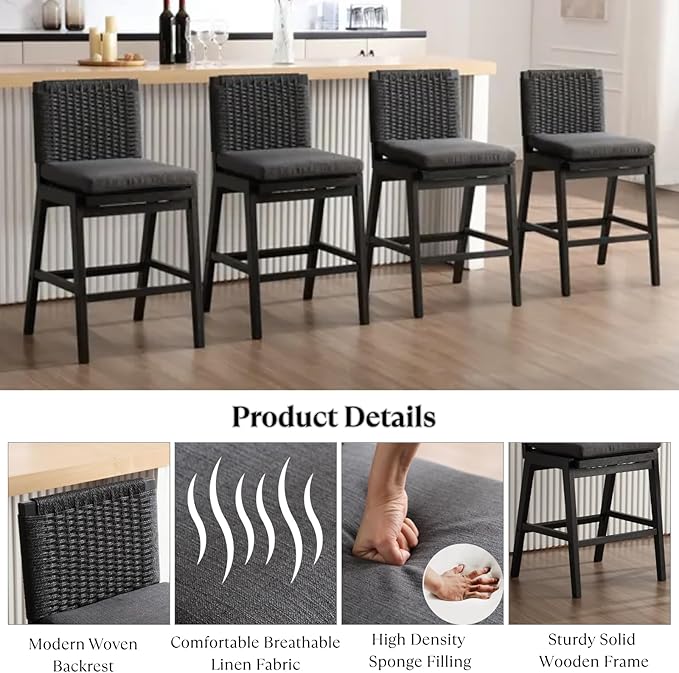 Carbon Black Bar Stools Set of 2, 27.3 Inch Counter Height Stools Upholstered Linen Armless Bar Chairs with Woven Rope Backrest Wooden Legs for Kitchen Island Dining Room
