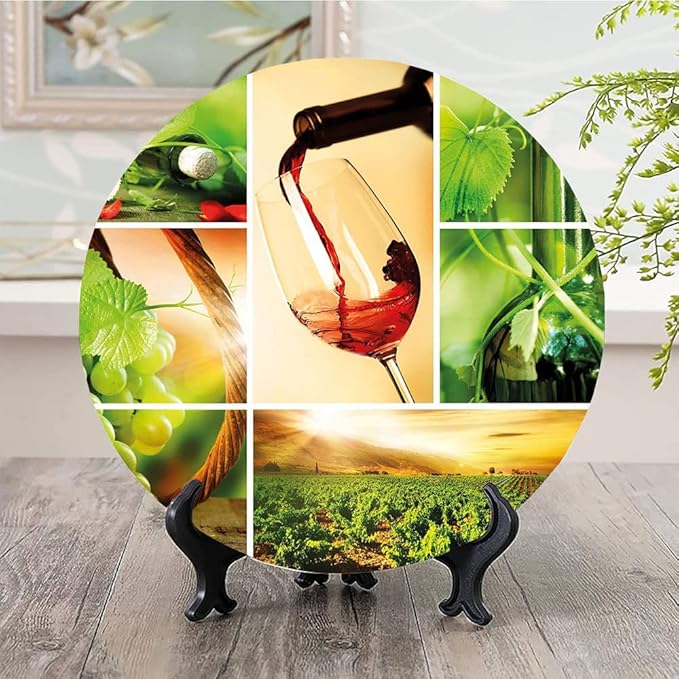 Decorative Plates, Wine Print Ornament, Wine Tasting and Grapevine Collage Green Fresh, 6 Inch, 1 Plate with 1 Display Stand, Green Ruby Caramel