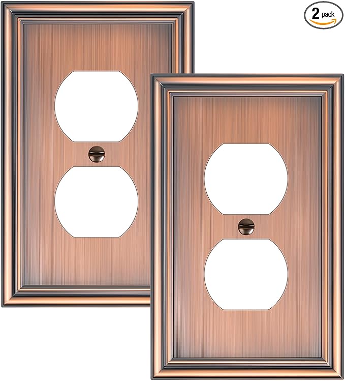 2-Pack Single Duplex Outlet Cover Plate, Decorative Antique Copper Switch Plates and Outlet Covers, Metal Wall Plates for Electrical Outlets, 1 Gang Receptacle Cover, Corrosion Resistant