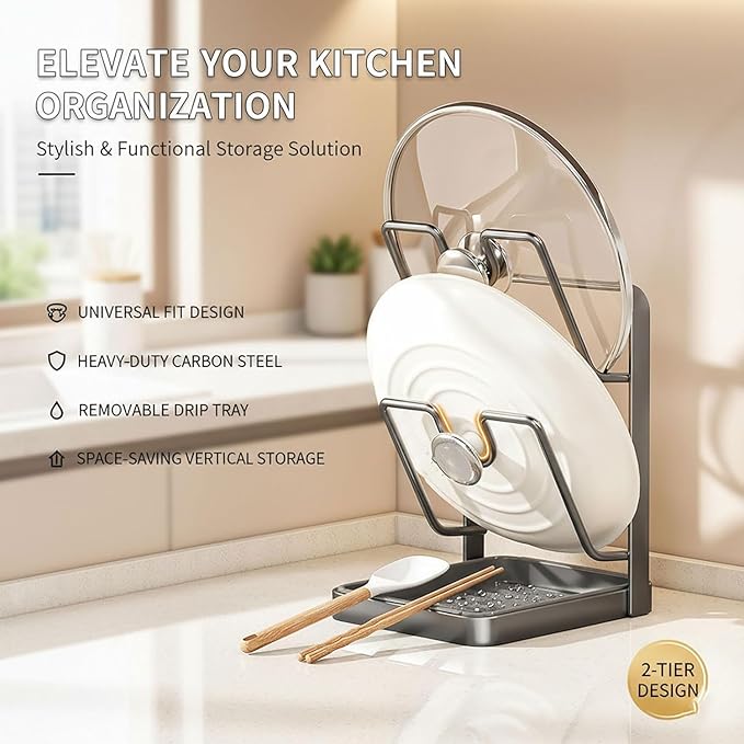 Kitchen Pot Lid Storage Rack, Stainless Steel Pot Lid Holder While Cooking for Countertop, Multifunctional Pots Lids Organizer Rack with Removable Drip Tray for Spatulas, Ladles & Large Lids(Gray)