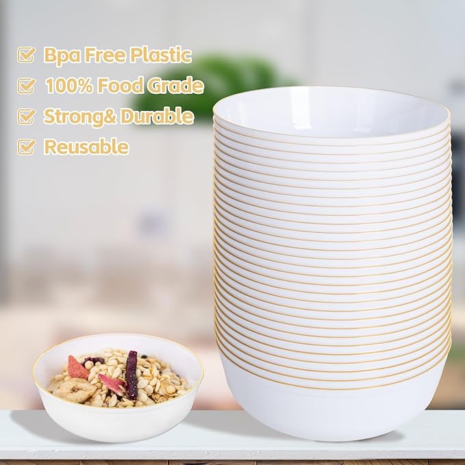 I00000 30 Pack White Plastic Bowls with Gold Rim,16 oz Disposable Soup Bowls,Premium Heavy Plastic Serving Bowls Ideal for Thanksgiving Party