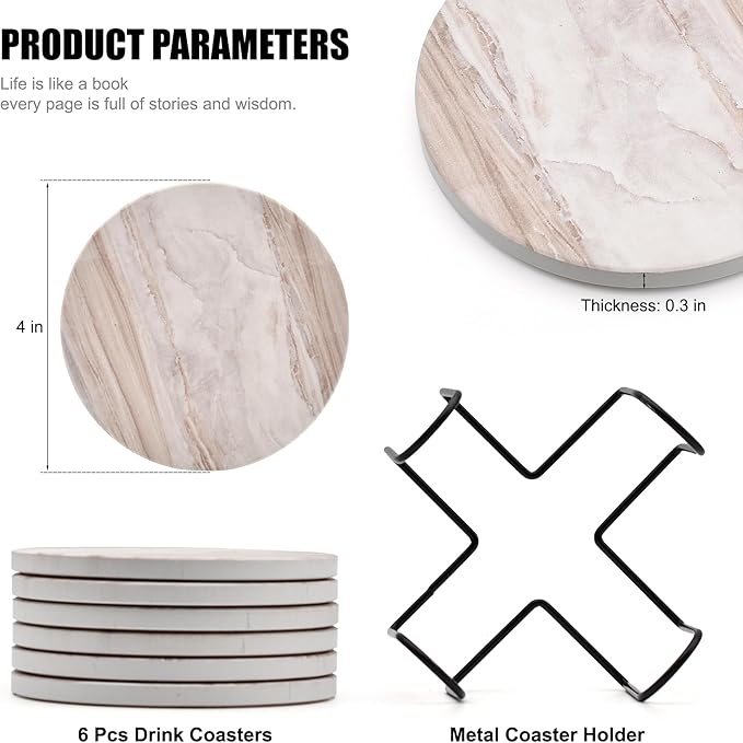 Hoewina 6Pcs Drink Coasters with Holder, Marble Style Ceramic Drink Coaster, Absorbent Coasters Set Suitable for Kinds of Cups, Modern Style Coasters for Coffee Table, 4 Inches（Blue Marble Style）