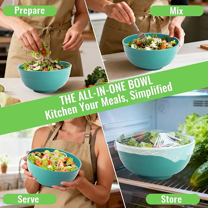60 OZ Large Salad Bowls, Wheat Straw Camping Bowl Set of 6, Unbreakable Plastic Serving Bowls, Microwave & Dishwasher Safe Large Dinner Bowl for Kitchen & Outdoor, Green