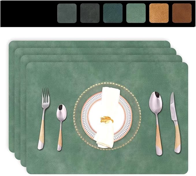 Faux Leather Reusable Placemats for Dining Table Set of 4,12"x17",Waterproof&Stain Resistant Table Mats,Wipeable&Heat-Resistant,Non-Slip for Patio Kitchen Table and Kids (Avocado Green)
