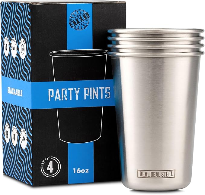 Real Deal Steel Stainless Steel 16 oz Pint Cups Stackable Single Wall Tumblers, Eco Friendly Premium Metal Drinking Glasses (Stainless Steel)