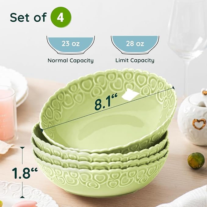 HOMBENE Heartbeat Pasta Bowls Set of 4, 28oz Salad Bowls Soup Bowl for Kitchen, Porcelain Wide and Shallow, Noodle, Soup, Pasta,Dinner, Microwave & Dishwasher Safe (Mint Glow Green)