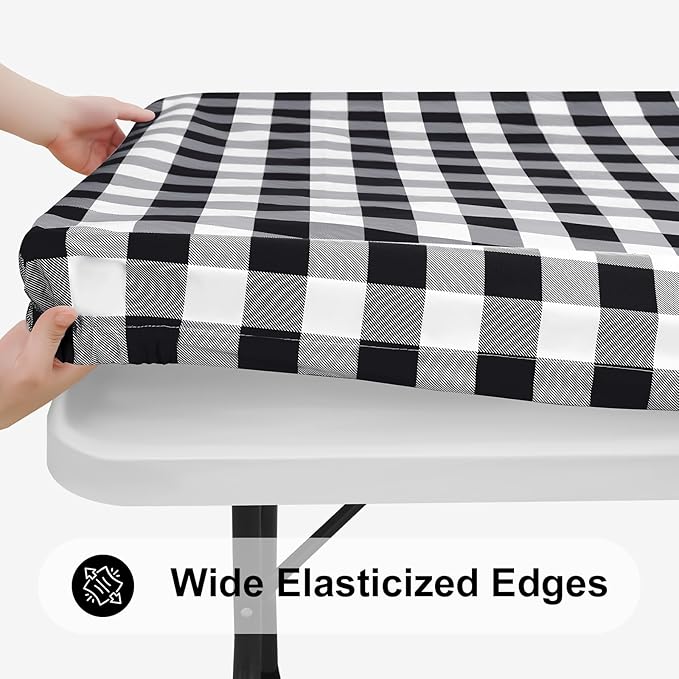 Smiry Rectangle Picnic Table Cloth, Elastic Waterproof Fitted Vinyl Tablecloths, Flannel Backed Buffalo Plaid Table Covers for Dining, Camping, Outdoor (Black and White, 30" x 60")