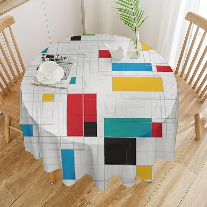 Mid Century Round Tablecloth, Abstract Geometric Mid Century Retro 50S 60S Tablecloth for Home Party Dining Room Kitchen Decor 60Inch(152cm)