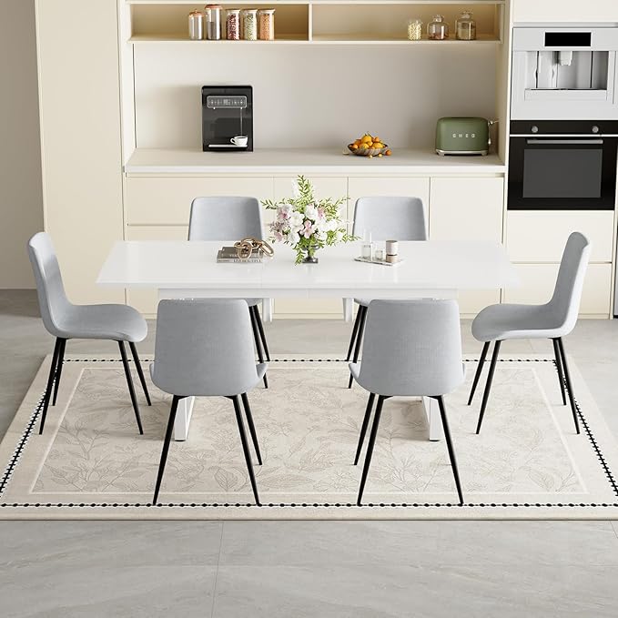 Extendable Dining Table Set for 6, 55"–71" Modern White Kitchen Table with 6 Upholstered Chairs, Space-Saving for Living Room Apartment, Sturdy & Comfortable, Easy Assembly