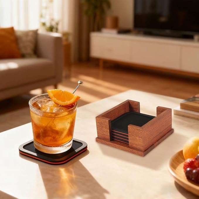 Lexenic Sleek Absorbent Coasters for Drinks with Solid Acacia Wood Holder, Silicone Cup Mat with Removable Felt Insert, Non-Slip, Non-Stick, Gift for Coffee Table Kitchen Decor, 6PCS (Black Red)