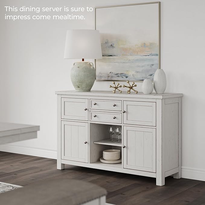 Signature Design by Ashley Robbinsdale Casual 4-Door Dining Server with Adjustable Shelves and Felt-Lined Drawers, White