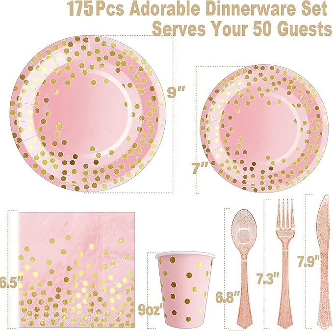 AIRE 175PCS Pink Rose Gold Plates Party Supplies Severs 25 Guests Disposable Party Decorations, Plastic Forks Knives Spoons, Golden Dot Paper Plates Napkins Cups for Baby Shower Birthday Wedding