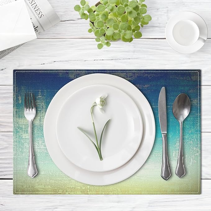 Emvency Farmhouse Placemats Set of 4, Abstract Blue and Green Vintage Art Painting 12x18 Inch Table Mats for Outdoor Home Party Kitchen Dining Decoration