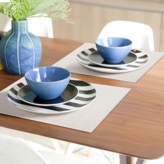 Bamboo Placemats with Fabric Border Set of 4 Natural Bamboo Rectangular Rolling Table Mats for Dining Kitchen Table Heat Resistant Table Protection White