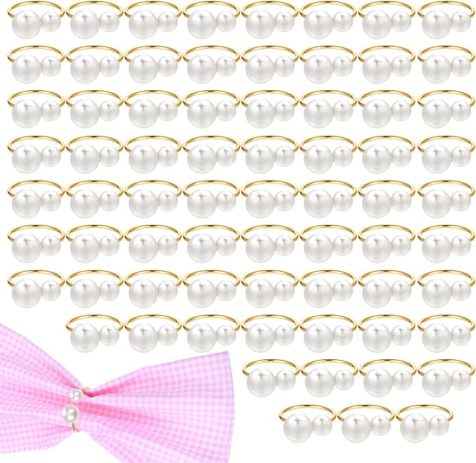 60 Pcs Gold Pearl Napkin Rings Bulk, Wedding Napkin Rings with Dual Pearls for Thanksgiving, Christmas, Party Decor, Elegant Table Setting Accessories