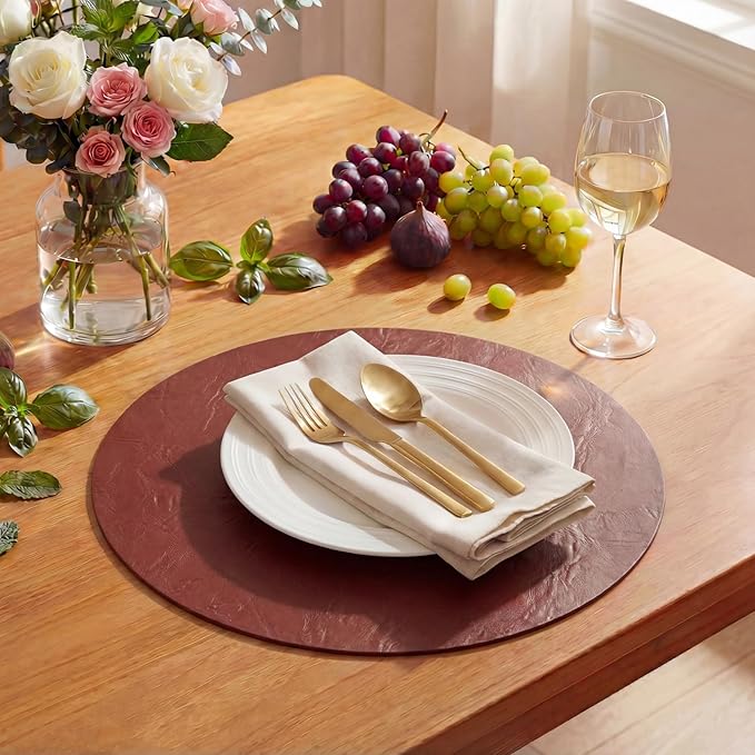 Artoid Mode Red Faux Leather Placemats Set of 4, 15 Inch Waterproof Wipeable Heat Resistant Vinyl Place Mats, Reversible Table Mats for Christmas Kitchen Dining Decor